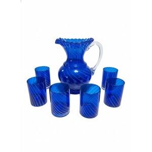 Vintage Handblown Art Glass Cobalt Blue Large Pitcher Set 6 Glasses Swirl Ruffle